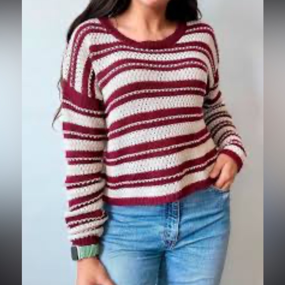 Striped Burgundy and Cream Women's Sweater-Size L